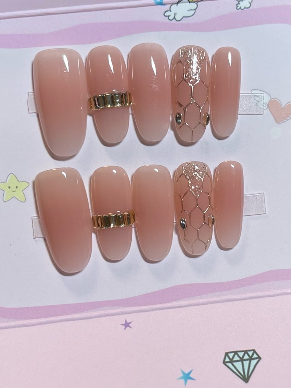💖5 for $25😻 Peach Nude Press-On Nail Set with Gold Accents